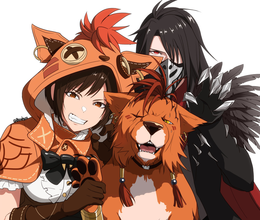 2boys absurdres animal_ear_hood bird_mask black_hair brown_eyes character_hood claws clenched_teeth fangs female final_fantasy final_fantasy_vii final_fantasy_vii_ever_crisis highres hood igusaharu mask multiple_boys official_alternate_costume red_eyes red_fur red_hair red_xiii scar scar_across_eye simple_background teeth vincent_valentine vincent_valentine_(crowmaster_suit) yellow_eyes yuffie_kisaragi yuffie_kisaragi_(nanaki_mantle)