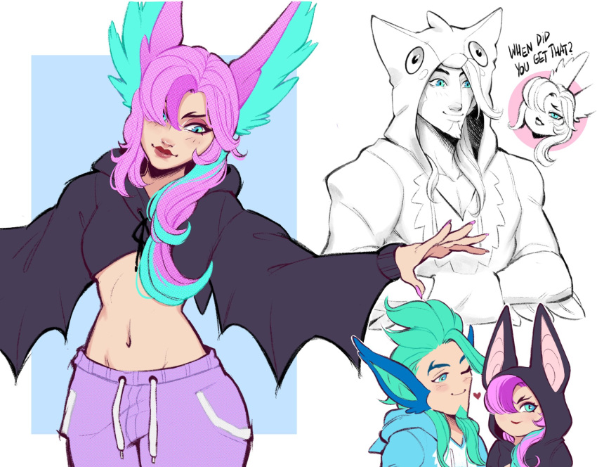 1boy ;) animal_ears bat_ears black_wings blush closed_mouth english_text fake_animal_ears fake_wings female green_(greeniris) green_hair groin heart highres hood hood_down hood_up league_of_legends long_hair navel one_eye_closed pants pink_hair pink_pants rakan_(league_of_legends) smile stomach white_background wings xayah