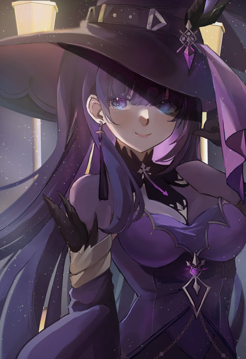 breasts cleavage closed_mouth dress earrings female halloween_costume hat highres honkai_(series) honkai_impact_3rd jewelry lamppost large_breasts long_hair mofumanju official_alternate_costume purple_dress purple_eyes raiden_mei smile solo upper_body witch_hat