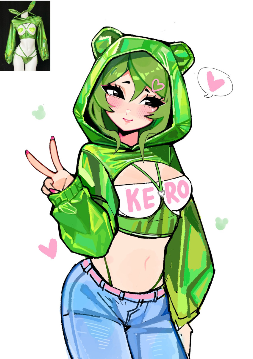 animal_hood blush breasts female fizzeru frog_hood green_hair green_jacket hair_ornament hairclip heart heart_hair_ornament highres hood hood_up hooded_jacket jacket large_breasts long_sleeves looking_at_viewer navel original pants solo stomach v