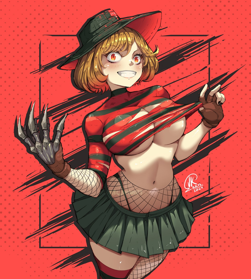 a_nightmare_on_elm_street blush breasts brown_hair claw_(weapon) cosplay female fingerless_gloves fishnet_thighhighs fishnets freddy_krueger gloves halloween highres jk_arts large_breasts navel orange_eyes pleated_skirt short_hair skirt smile solo striped_clothes thighhighs torn_clothes weapon