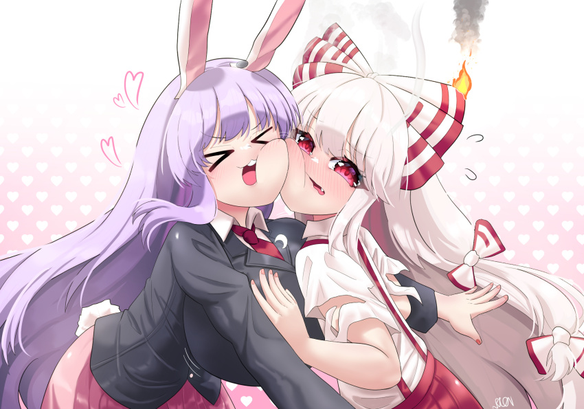 >_< 2girls :3 animal_ears asymmetrical_docking black_jacket blush bow breast_press breasts buck_teeth cheek-to-cheek cheek_squash closed_eyes collared_shirt commentary commission cowboy_shot english_commentary fire fujiwara_no_mokou hairbow heads_together heart highres huge_breasts impossible_clothes impossible_jacket impossible_shirt jacket long_hair long_sleeves looking_at_viewer multiple_girls multiple_hair_bows necktie oerba_yun_fang open_mouth pink_skirt purple_hair rabbit_ears rabbit_girl rabbit_tail red_eyes red_necktie reisen_udongein_inaba rion_(user_ufvg8527) shirt sidelocks skirt smoke suspenders tail teeth torn_clothes torn_sleeves touhou very_long_hair white_bow white_shirt