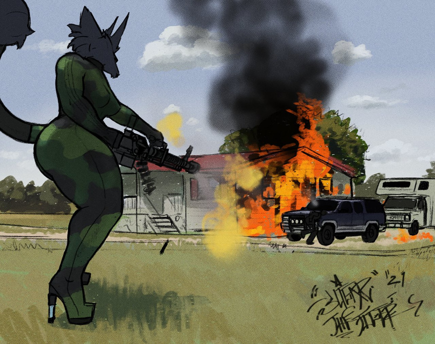 2021 ambiguous_gender ambiguous_humanoid ambiguous_species ammo_belt anthro ass big_butt black_body black_fur breasts building bullet_casing cameo canid canine canis clothing cloud coyote detailed_background digital_media_(artwork) digital_painting_(artwork) dubmare duo female firing_weapon footwear fur grey_sky grey_truck gun high_heels holding_object holding_weapon house house_fire humanoid m60 machine_gun mammal mobile_home muzzle_flash one_piece_suit plant ranged_weapon red_blinds rooftop shadow_on_grass shoes shooting side_view sights_on_weapon sky sligarthetiger small_breasts smoke_from_weapon stairs standing_on_grass tree truck_(vehicle) unfinished vehicle watermark weapon white_vehicle wide_hips