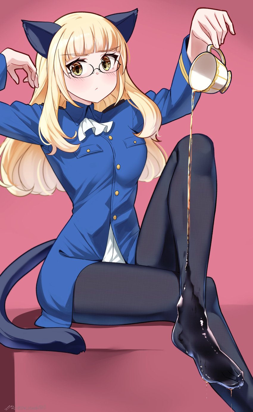 absurdres animal_ears black_pantyhose blonde_hair blush breasts cat_ears cat_tail closed_mouth cup female glasses highres hiroshi_(hunter-of-kct) long_hair looking_at_viewer military_uniform neckerchief pantyhose perrine_h._clostermann pink_background simple_background small_breasts solo strike_witches tail tea teacup white_neckerchief world_witches_series yellow_eyes