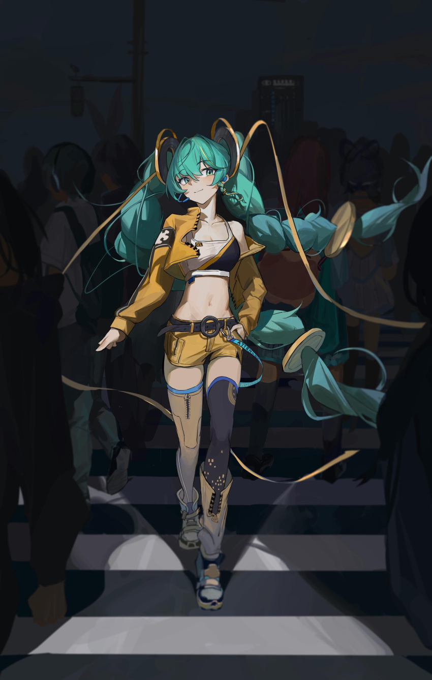 absurdres aqua_eyes aqua_hair blurry braid closed_mouth commentary cropped_jacket crosswalk depth_of_field facing_viewer female grey_footwear hand_in_pocket hatsune_miku highres long_hair long_sleeves looking_to_the_side midriff navel people shorts smile sports_bra standing thighhighs twin_braids vaineonline very_long_hair vocaloid walking yellow_shorts