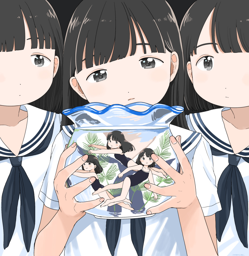 6+girls absurdres black_eyes black_hair blue_neckerchief blue_one-piece_swimsuit blush bowl breasts closed_mouth commentary_request competition_swimsuit dot_nose expressionless fishbowl grey_background head_tilt highres holding holding_bowl long_hair looking_at_another looking_at_viewer medium_hair mini_person minigirl multiple_girls nagomurasan neckerchief one-piece_swimsuit original sailor_collar sailor_shirt shirt short_sleeves small_breasts smile swimming swimsuit white_sailor_collar white_shirt