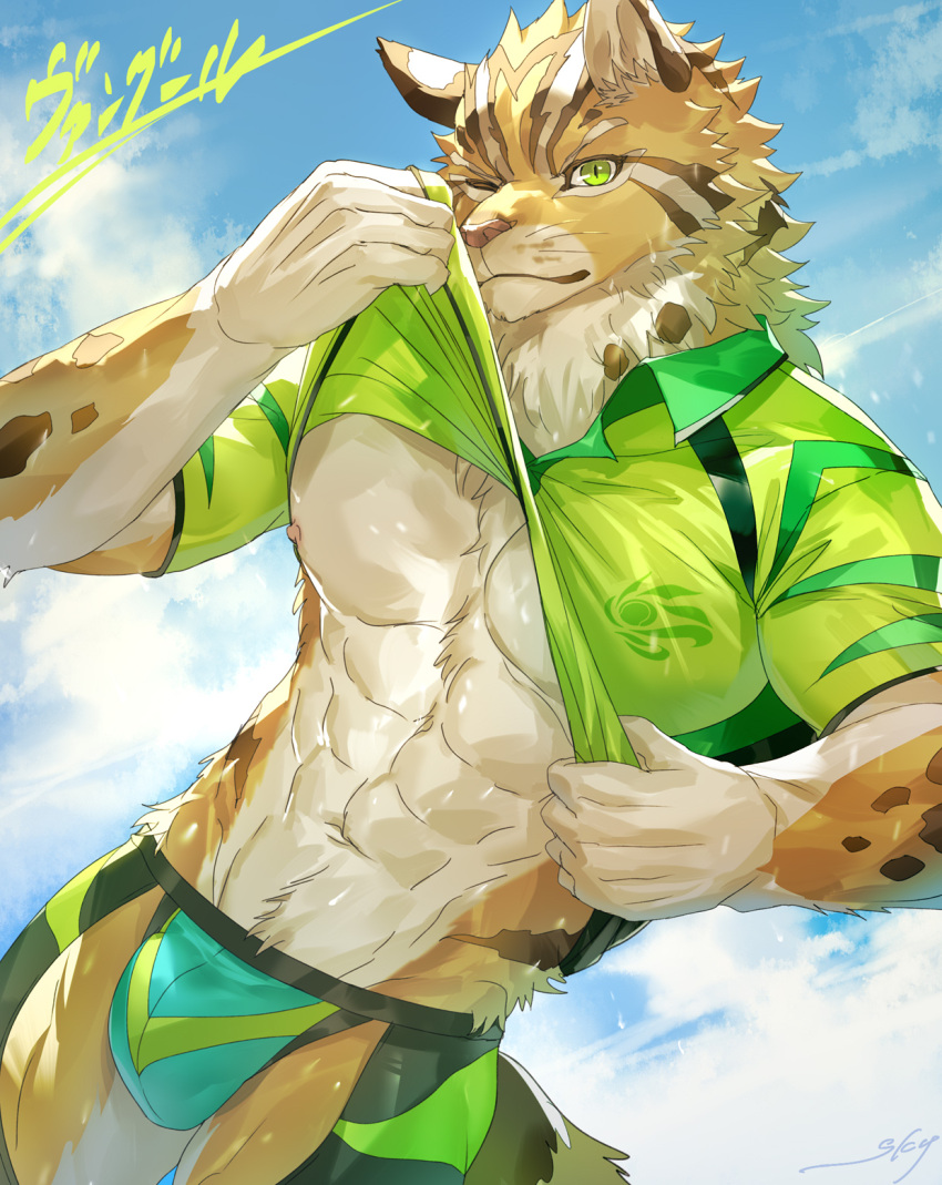 1boy abs bara blue_sky character_name cheetah_boy cheetah_ears cheetah_tail clothes_lift cloud commentary_request crave_saga furry furry_male green_eyes green_male_underwear green_shirt highres looking_at_viewer male_focus male_underwear muscular muscular_male navel nipples one_eye_closed pectorals shirt shirt_lift sky sky_(sora_no_gomibako) smile sportswear tennis_uniform underwear vaanghul_(crave_saga) whiskers wiping_sweat wiping_with_clothes