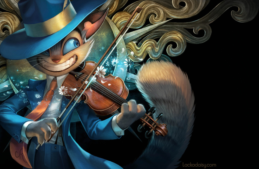 anthro blue_eyes bowed_string_instrument claws clothed clothing countershade_face countershade_fur countershade_tail countershading domestic_cat felid feline felis fingers fur grey_body grey_fur hat headgear headwear lackadaisy male mammal musical_instrument playing_music playing_violin rocky_rickaby smile solo string_instrument striped_body striped_fur stripes tail tracy_j._butler violin whiskers