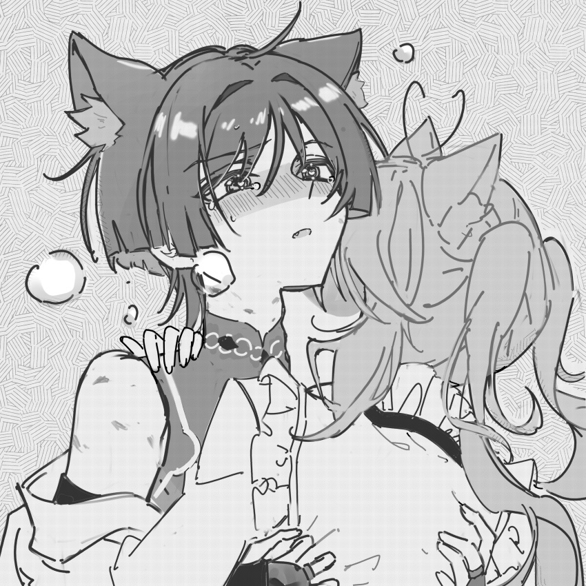 1boy absurdres ahoge animal_ears antenna_hair blunt_ends blush bodysuit cat_ears clothes_grab collar female frilled_collar frilled_shirt frills genshin_impact hair_intakes hand_on_another's_shoulder heart_antenna_hair heavy_breathing hickey highres kissing kissing_neck looking_up mandarin_collar miaoyeza233 no_eyes oerba_yun_fang off_shoulder open_mouth original scaramouche_(genshin_impact) shaded_face shirt short_hair short_sleeves single_bare_shoulder single_sidelock steam straight tears twintails wanderer_(genshin_impact)