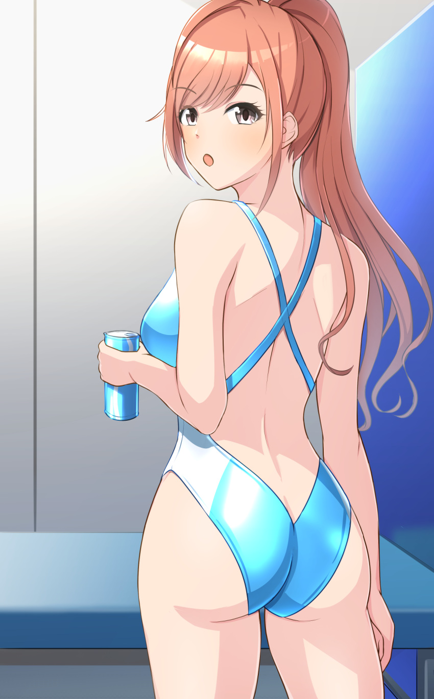 arisugawa_natsuha ass blue_one-piece_swimsuit breasts brown_eyes brown_hair competition_swimsuit female from_above from_behind highres idolmaster idolmaster_shiny_colors looking_at_viewer looking_back medium_breasts one-piece_swimsuit ponytail racerback solo standing swimsuit thames3