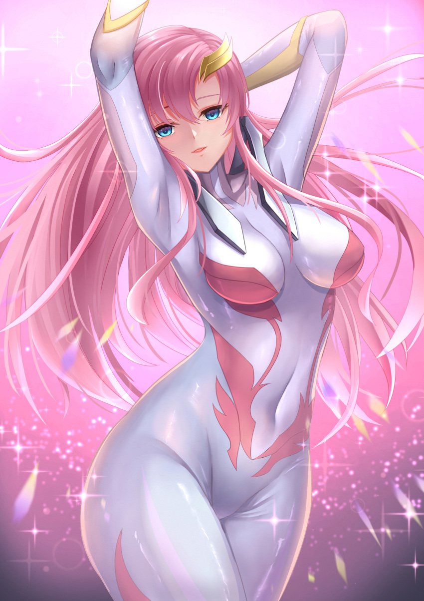 absurdres arms_up blue_eyes bodysuit breasts commentary covered_navel female gundam gundam_seed gundam_seed_freedom hair_ornament highres lacus_clyne long_hair looking_at_viewer medium_breasts normal_suit official_alternate_costume open_mouth pilot_suit pink_hair skin_tight smile solo thighs troy_(oxaa01ex)