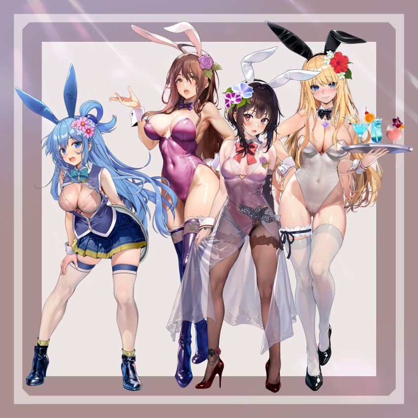 4girls absurdres ahoge alternate_costume animal_ears anklet aqua_(konosuba) ass_visible_through_thighs ayase_shichikai bare_shoulders black_bow black_bowtie black_footwear black_hair black_sleeves blonde_hair blue_eyes blue_footwear blue_hair blue_leotard blue_skirt blush boots border bow bowtie bra breasts breasts_apart brown_hair brown_pantyhose cameltoe candy cleavage closed_mouth collar commentary_request condom condom_wrapper covered_navel covered_nipples cup darkness_(konosuba) detached_collar dress drinking_glass fake_animal_ears fake_tail flower food full_body groin hair_between_eyes hair_flower hair_ornament hand_on_own_thigh hands_up high_heel_boots high_heels highleg highleg_leotard highres holding holding_tray jewelry kono_subarashii_sekai_ni_shukufuku_wo! lace-trimmed_sleeves lace-trimmed_thighhighs lace_trim large_breasts leaning_forward legs_apart leotard leotard_under_clothes long_hair looking_at_viewer megumin multiple_girls necklace open_clothes open_mouth open_shirt outside_border pantyhose playboy_bunny pleated_skirt purple_bow purple_bowtie rabbit_ears rabbit_tail reaching reaching_towards_viewer red_bow red_bowtie red_eyes red_footwear red_leotard see-through_clothes see-through_dress see-through_leotard shoes short_hair_with_long_locks side_slit single_hair_ring single_sleeve skirt sleeveless sleeveless_dress small_breasts smile standing strapless strapless_leotard tail thigh_boots thigh_strap thighhighs thighhighs_over_pantyhose thighhighs_under_boots thighs tongue tongue_out traditional_bowtie tray underwear white_collar white_dress white_leotard white_thighhighs white_wrist_cuffs wiz_(konosuba) wrist_cuffs x_hair_ornament yellow_eyes