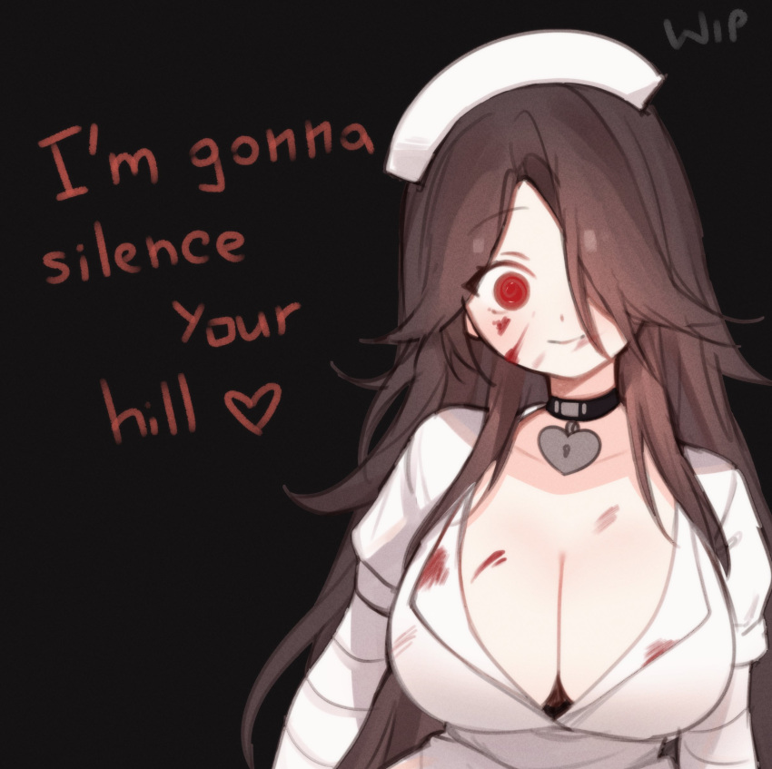 absurdres bandaged_arm bandages black_choker blood blood_on_face breasts brown_hair choker cleavage cosplay english_text female hat heart highres indie_virtual_youtuber large_breasts long_hair nurse nurse_(silent_hill) nurse_(silent_hill)_(cosplay) nurse_cap red_eyes silent_hill_(series) sky_above_me sky_above_me_(vtuber) smile solo very_long_hair virtual_youtuber