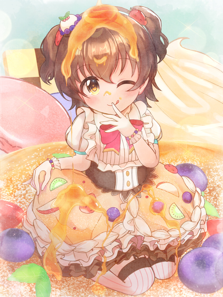 ;p absurdres akagi_miria apple apple_slice bead_bracelet beads blueberry blush bow bowtie bracelet brown_hair brown_skirt closed_mouth collared_shirt commentary_request female food food-themed_clothes food-themed_hair_ornament food_on_face food_on_head frilled_shirt frilled_skirt frills fruit full_body gloves hair_between_eyes hair_ornament hand_to_own_mouth hand_up heart heart_in_eye highres idolmaster idolmaster_cinderella_girls jewelry kiwi_(fruit) kiwi_slice legwear_garter lolicon looking_at_viewer macaron medium_hair object_on_head on_food one_eye_closed pancake puffy_short_sleeves puffy_sleeves raised_eyebrows red_bow red_bowtie seiza shirt short_sleeves sitting sitting_on_food skirt skirt_hold solo sparkle strawberry_hair_ornament striped_clothes striped_thighhighs symbol_in_eye syrup thighhighs tongue tongue_out two_side_up user_ycgs4822 white_gloves white_shirt white_thighhighs yellow_eyes