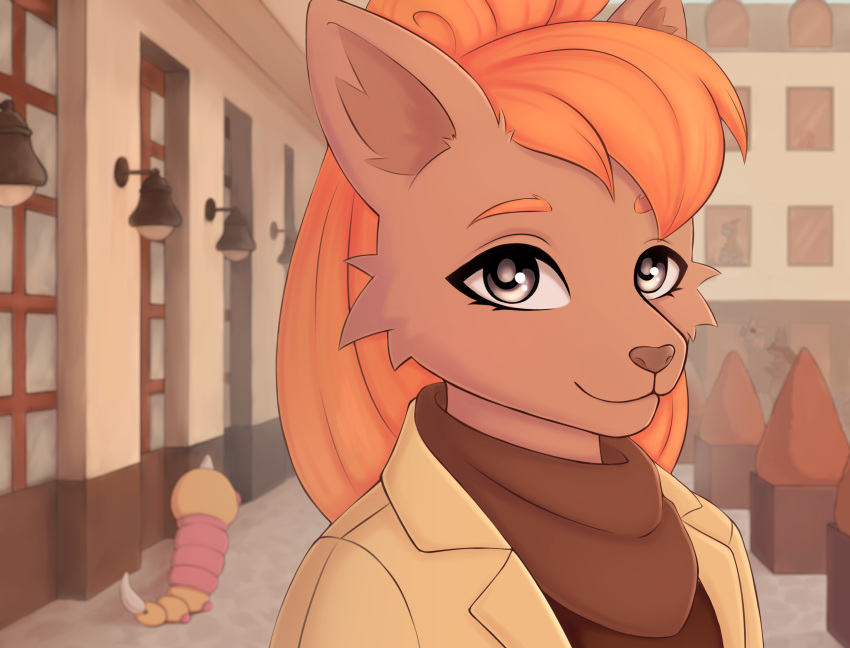 anthro autumn canid canine clothed clothing coat deino digital_media_(artwork) diglett female fox generation_1_pokemon generation_4_pokemon generation_5_pokemon group hair hi_res lucario mammal nintendo outside pokemon pokemon_(species) red_hair scarf smile street tanatos_aaa topwear vulpix weedle zubat