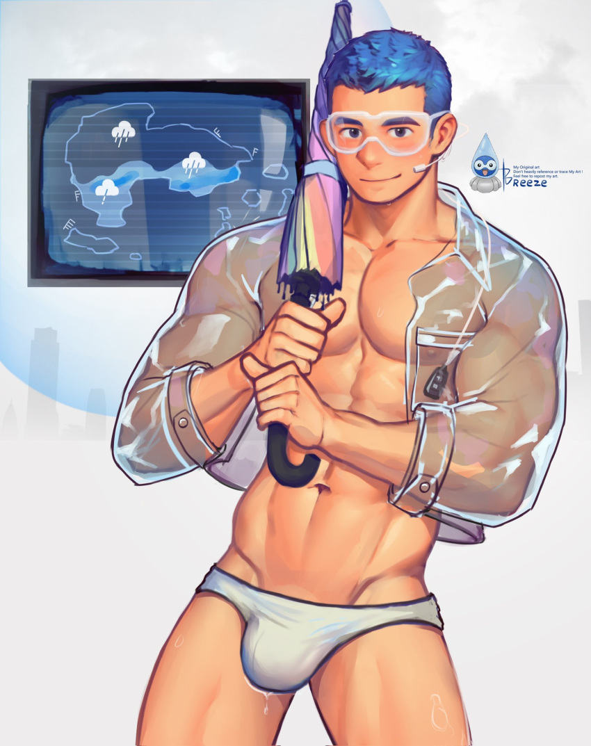 1boy abs artist_name bara bare_pectorals blue_eyes blue_hair breezem18 bulge castform castform_(rainy) closed_umbrella commentary english_commentary highres holding holding_umbrella male_focus male_swimwear muscular muscular_male navel nipples paid_reward_available pectorals personification pokemon reference_inset see-through_clothes see-through_raincoat short_hair solo swim_briefs umbrella wet