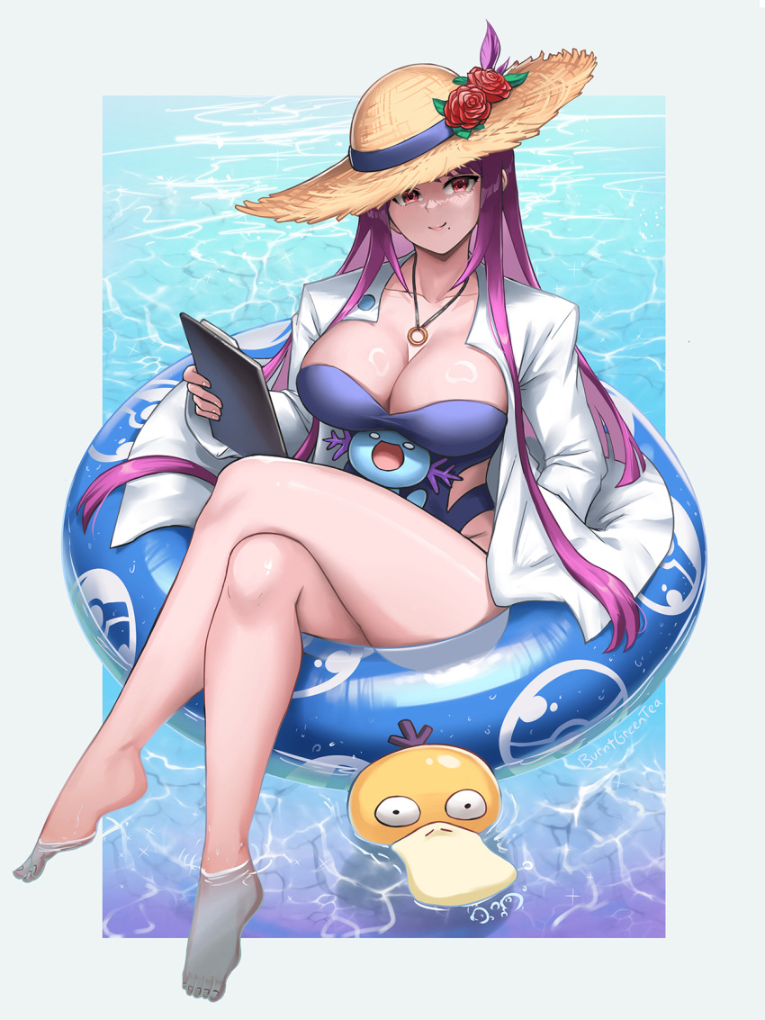 alternate_costume barefoot blue_one-piece_swimsuit breasts burnt_green_tea cleavage cosplay english_commentary female fire_emblem fire_emblem_engage flower hat hat_flower highres innertube ivy_(fire_emblem) jacket large_breasts looking_at_viewer mole mole_under_mouth one-piece_swimsuit open_clothes open_jacket philena_ivy philena_ivy_(cosplay) pokemon psyduck purple_hair red_flower red_rose rose smile strapless strapless_one-piece_swimsuit straw_hat swim_ring swimsuit thighs water white_jacket wooper