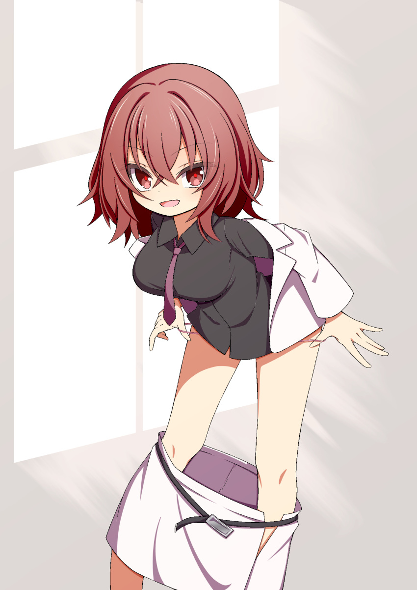 belt black_shirt breasts collared_shirt commentary_request female grey_background hair_intakes hekkmushi highres horikawa_raiko large_breasts leaning_forward long_sleeves looking_at_viewer necktie open_mouth purple_necktie red_eyes red_hair red_pupils shirt skirt solo touhou undressing white_skirt