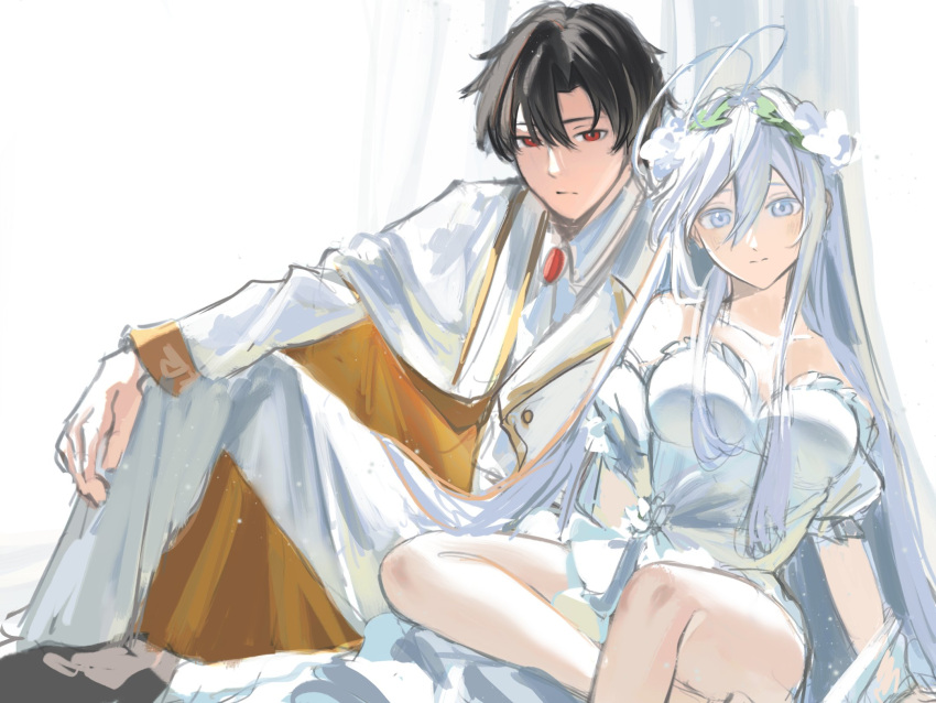 1boy 86_-eightysix- bare_shoulders black_hair blue_eyes breasts closed_mouth collarbone detached_sleeves dress female flower formal hair_between_eyes hair_ornament hand_on_own_knee highres long_hair long_sleeves looking_at_viewer qian_chen red_eyes shinei_nouzen shirt short_hair sitting smile very_long_hair vladilena_millize white_dress white_hair white_shirt