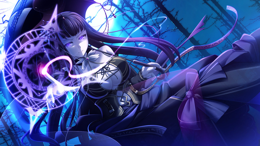 belt black_dress black_hair blunt_bangs breasts cleavage cleavage_cutout clothing_cutout detached_collar dress elgamisera eushully female game_cg glowing glowing_eyes goth_fashion jewelry kami_no_rhapsody lace-up large_breasts long_hair looking_at_viewer magic_circle magical_girl moon night night_sky outdoors pale_skin parasol pointing purple_eyes sky solo umbrella yoshida_takuma