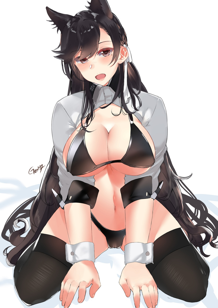 :d animal_ears artist_name atago_(azur_lane) atago_(stunning_speedster)_(azur_lane) azur_lane bikini bikini_tug black_bikini black_hair black_thighhighs blush breasts brown_eyes cameltoe cleavage commentary_request female genm7 hair_ribbon head_tilt highleg highleg_bikini highres jacket large_breasts lips long_hair looking_at_viewer mole mole_under_eye navel official_alternate_costume open_mouth race_queen ribbon shrug_(clothing) sidelocks signature simple_background sitting sleeve_cuffs smile solo swimsuit thighhighs very_long_hair white_background white_jacket white_ribbon wrist_cuffs