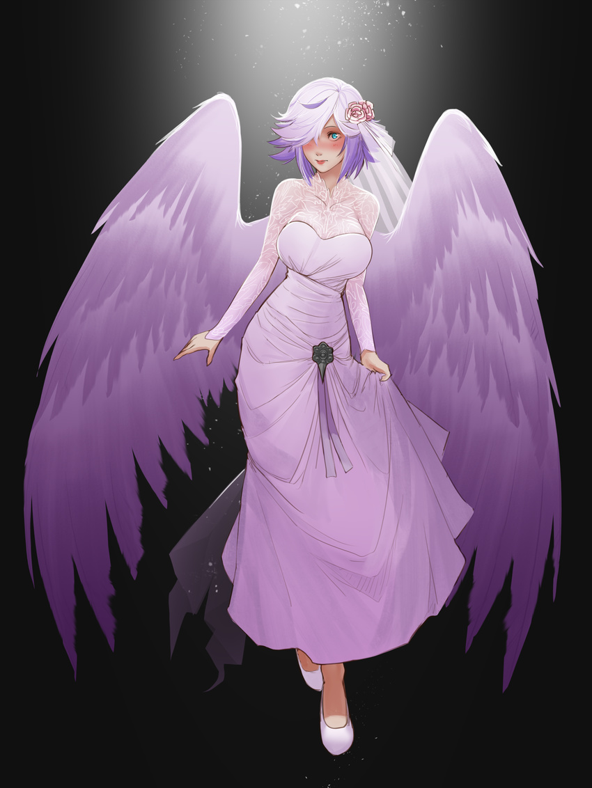 absurdres angel angel_wings black_background blue_eyes blue_hair blush breasts commission cupid_(monster_girl_encyclopedia) dress feathers female flower hair_flower hair_ornament hair_over_one_eye highres large_breasts less light_particles looking_at_viewer monster_girl monster_girl_encyclopedia purple_dress purple_feathers simple_background skirt_hold solo wedding_dress wings