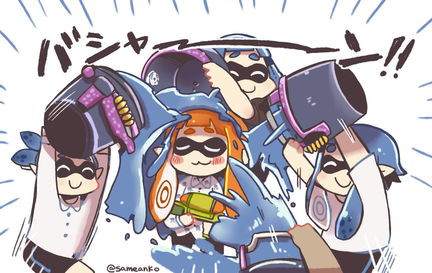 1boy 3girls :3 als_ice_bucket_challenge blue_hair blush bucket closed_eyes commentary_request inkling inkling_boy inkling_girl inkling_player_character long_hair multiple_girls orange_hair paint partial_commentary pointy_ears same_anko slosher_(splatoon) smile splatoon_(series) splatoon_1 splattershot_(splatoon) tentacle_hair twitter_username