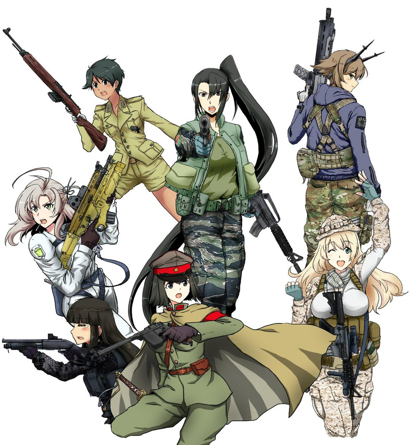 6+girls acog adaptive_combat_rifle akitsu_maru_(kancolle) ar-15 assault_rifle atago_(kancolle) camouflage camouflage_pants colt_commando commentary_request cross eotech fn_scar fn_scar_16 foregrip gewehr_43 gloves grenade_launcher gun gun_sling handgun hatsuyuki_(kancolle) headgear headset helmet highres iron_cross kantai_collection kinugasa_(kancolle) load_bearing_vest long_hair m1911 m4_carbine magazine_(weapon) mauser_c96 military military_operator military_uniform mogami_(kancolle) mossberg_500 multiple_girls mutsu_(kancolle) muzzle_device nachi_(kancolle) pants pump_action remington_arms rifle shotgun tropical_camouflage underbarrel_grenade_launcher uniform vertical_foregrip weapon wolf_(raidou-j)