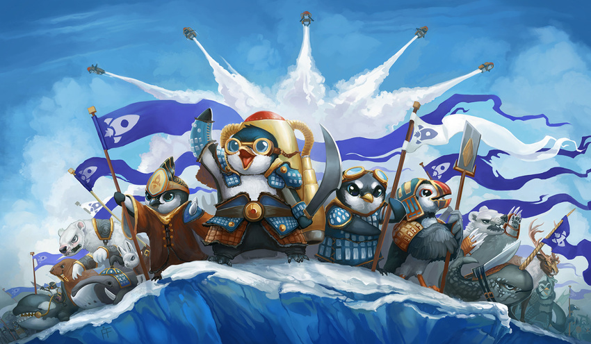 alcid alradeck anthro armor army avian bear better_version_at_source bird cetacean conditional_dnp deer dolphin eyewear eyewear_on_head flag flying goggles goggles_on_head group hasbro ice jet_pack lari low-angle_view magic:_the_gathering mammal marine melee_weapon monodontid narwhal new_world_deer oceanic_dolphin orca outside parody penguin pinniped polar_bear puffin reindeer sabre_(weapon) toothed_whale ursine walrus warrior weapon winged_arms wings wizards_of_the_coast