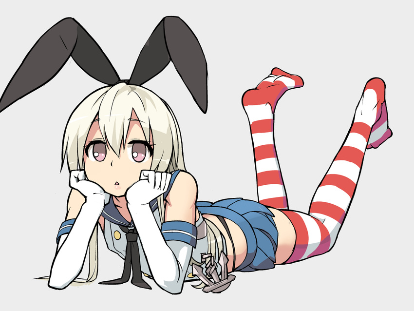 anchor black_panties blonde_hair commentary_request elbow_gloves female flat_chest gloves hair_ornament hair_ribbon highleg highleg_panties kantai_collection long_hair lying on_stomach panties pink_eyes ribbon sailor_collar shimakaze_(kancolle) skirt solo striped_clothes striped_thighhighs thighhighs triangle_mouth underwear white_gloves yuugiri_(u-slash)