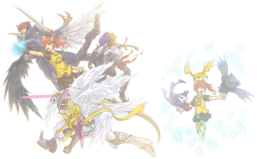 3boys aiba_ami angel angel_wings arano_hachi armor bandai beelzebumon bird blade blonde_hair blush boots breasts claws demon digimon digimon_story:_cyber_sleuth dual_persona energy falcomon fangs female female friends goggles gun hair_ornament helmet highres holyangemon impmon multiple_boys patamon ponytail ravemon red_hair shirt side_ponytail simple_background sword tail team weapon wings yellow_legwear yellow_shirt