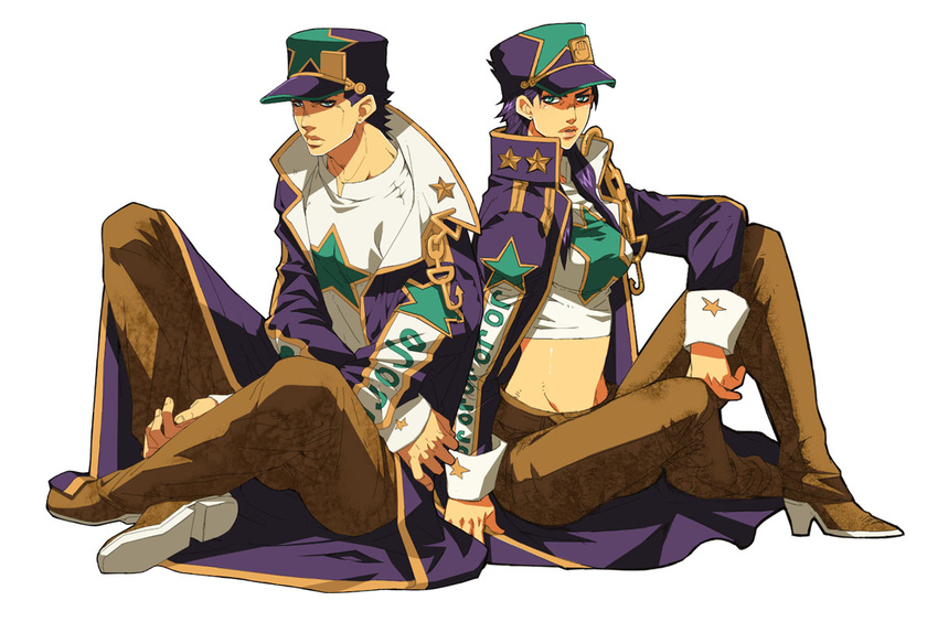 1boy bad_id bad_pixiv_id blue_eyes chains dual_persona female genderswap_(mtf) hat jojo_no_kimyou_na_bouken kujo_jotaro long_coat midriff purple_hair rule_63 sitting tktg