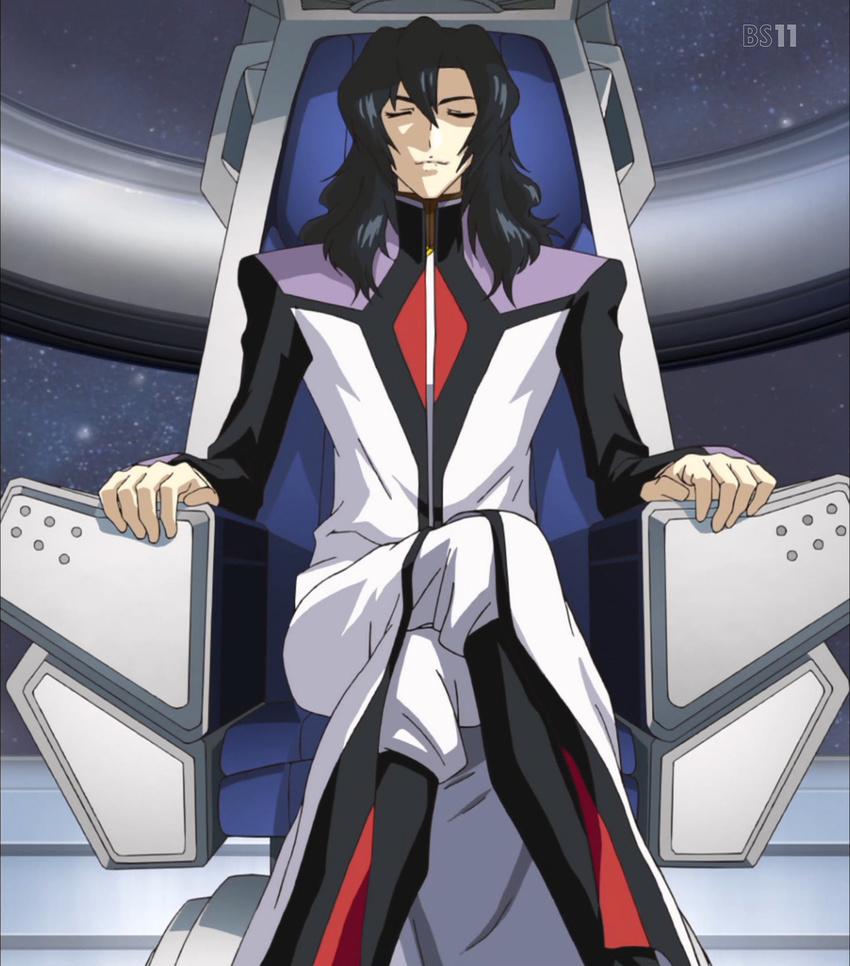 black_hair chair closed_eyes gilbert_durandal gundam gundam_seed gundam_seed_destiny highres long_hair screencap