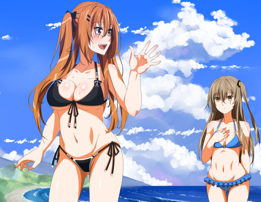 2girls beach bikini blush breast_envy breasts brown_hair cleavage cloud commentary day empty_eyes girls'_frontline grey_hair hand_on_own_chest long_hair medium_breasts multiple_girls navel outdoors scar sky small_breasts swimsuit twintails ukeuke ump45_(girls'_frontline) ump9_(girls'_frontline) waving