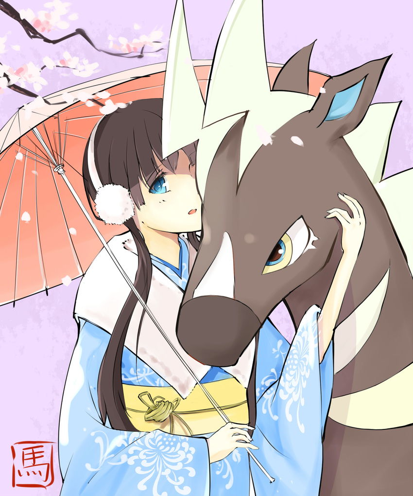 :o absurdres alternate_costume bad_id bad_pixiv_id black_hair blue_eyes cherry_blossoms chinese_zodiac commentary_request earmuffs elesa_(pokemon) female headpat highres japanese_clothes kimono long_hair new_year oil-paper_umbrella parasol photoshop_(medium) pokemon pokemon_(creature) pokemon_bw2 tree umbrella yaya_lyj23 year_of_the_horse yellow_eyes zebstrika