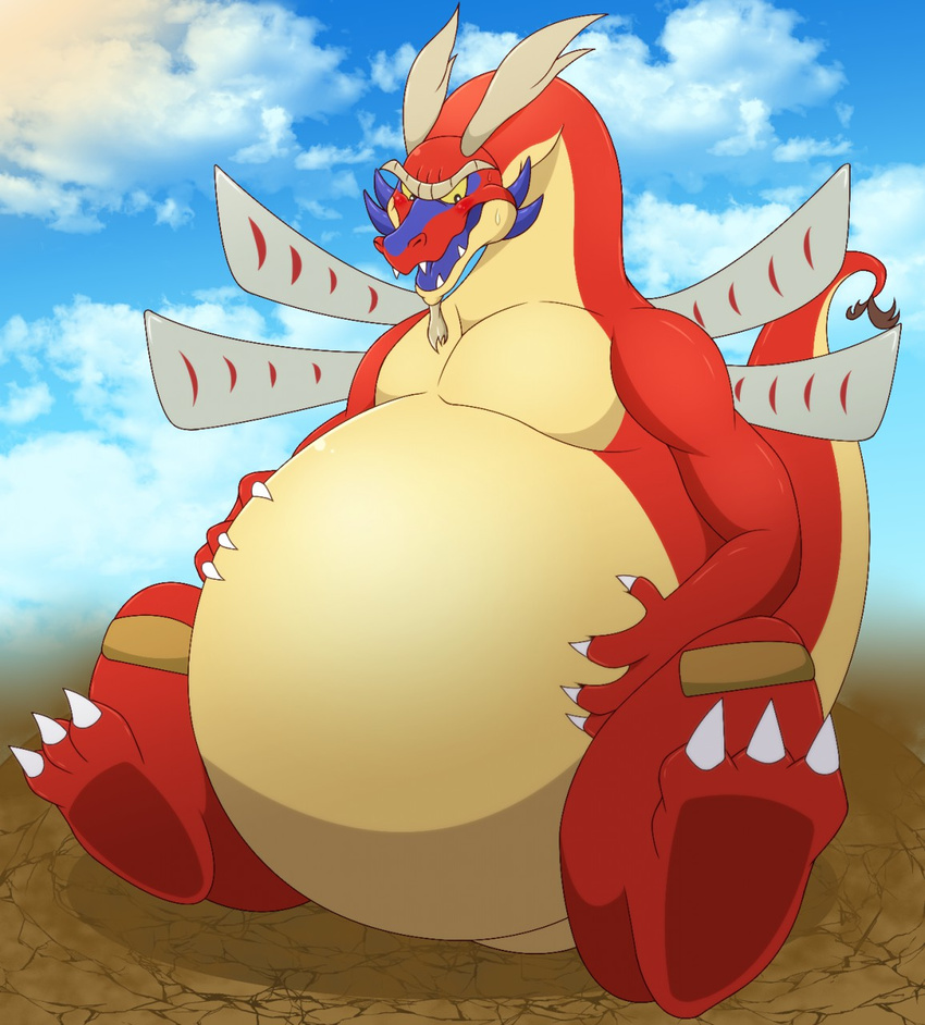 3_toes 4_fingers belly big_belly blue_tongue blush claws cloud day dragon eyebrows facial_hair fard feet fingers goatee hi_res long_neck male musclegut muscular muscular_male mythological_creature mythological_scalie mythology nervous nintendo open_mouth outside overweight overweight_male scalie semi-anthro sharp_teeth sitting sky solo tail teeth the_legend_of_zelda toes tongue unibrow valoo wind_waker wings