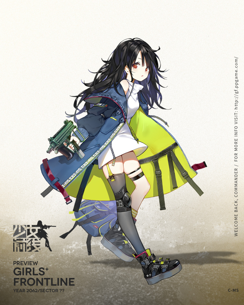 ankle_boots ankle_socks asymmetrical_legwear bag black_hair boots c-ms_(girls'_frontline) cbj-ms chinese_commentary colored_shoe_soles commentary_request dress female full_body girls'_frontline gun highres holding holding_gun holding_weapon knee_pads long_jacket official_art orange_eyes promotional_art school_bag shoes short_socks sneakers socks solo submachine_gun uneven_legwear weapon white_dress xiao_chichi zipper zipper_pull_tab