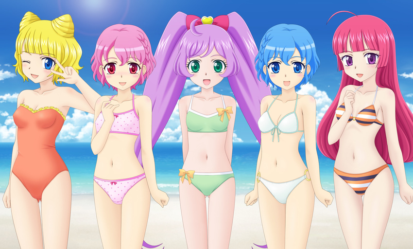 5girls beach bikini blonde_hair blue_eyes blue_hair blue_sky blunt_bangs collarbone commentary_request cowboy_shot dorothy_west genderswap_(mtf) green_eyes hojo_sophy long_hair looking_at_viewer manaka_laala minami_mirei miracle! multiple_girls navel ocean one_eye_closed open_mouth outdoors photoshop_(medium) pink_hair pretty_series pripara purple_eyes purple_hair red_eyes red_hair reona_west rule_63 short_hair sky standing swimsuit twintails v