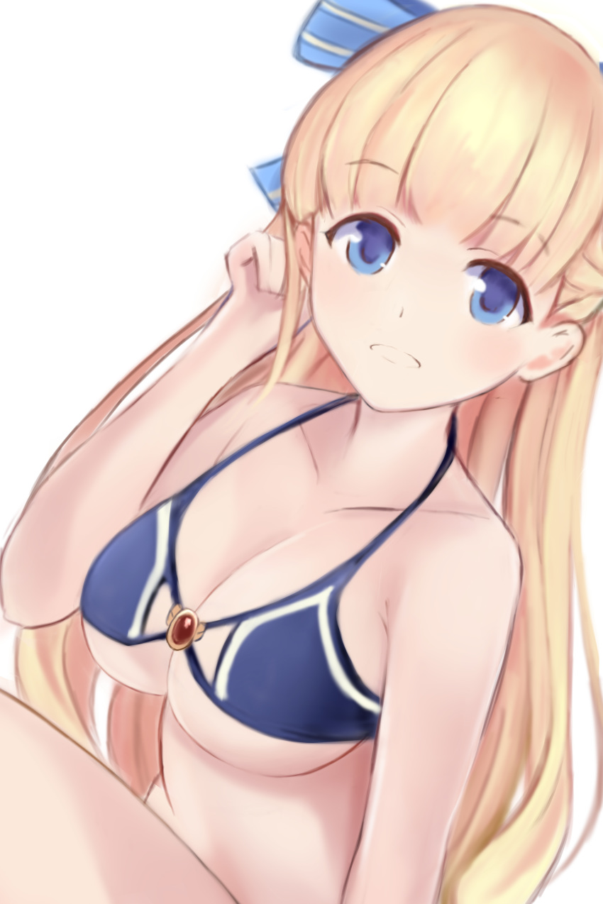 absurdres bikini bikini_top_only blonde_hair blue_bikini blue_bow blue_eyes blunt_bangs blush bow breasts cleavage collarbone commentary_request female hairbow hand_in_own_hair highres long_hair medium_breasts mireille_(sennen_sensou_aigis) nannacy7 sennen_sensou_aigis simple_background sleeveless smile solo striped striped_bow swimsuit underwear very_long_hair white_background