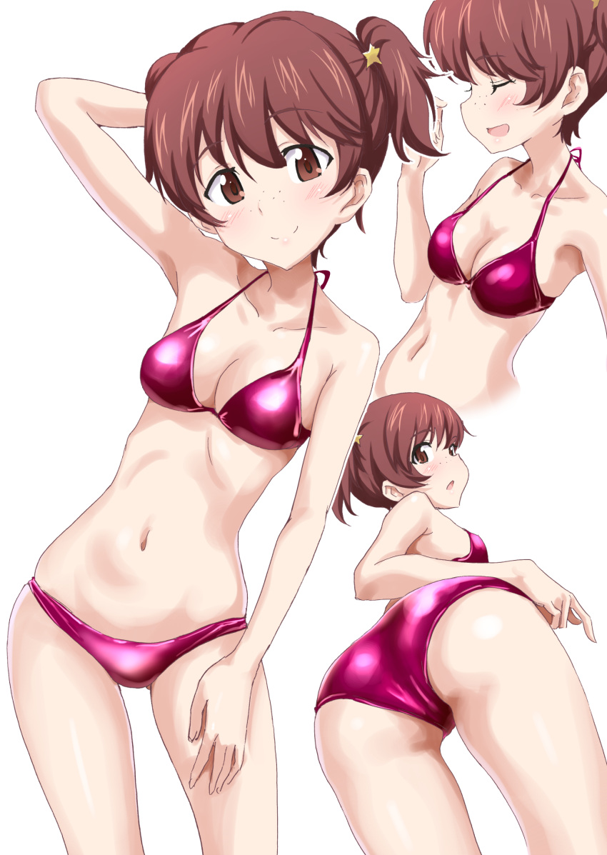 alisa_(girls_und_panzer) arm_behind_head ass ass_visible_through_thighs bare_arms bare_legs bare_shoulders bikini breasts cleavage closed_eyes closed_mouth collarbone commentary_request contrapposto female freckles gin'you_haru girls_und_panzer hair_ornament halterneck hand_up highres light_smile looking_at_viewer medium_breasts multiple_views navel pink_bikini shiny_clothes short_twintails simple_background standing star_(symbol) star_hair_ornament swimsuit twintails white_background