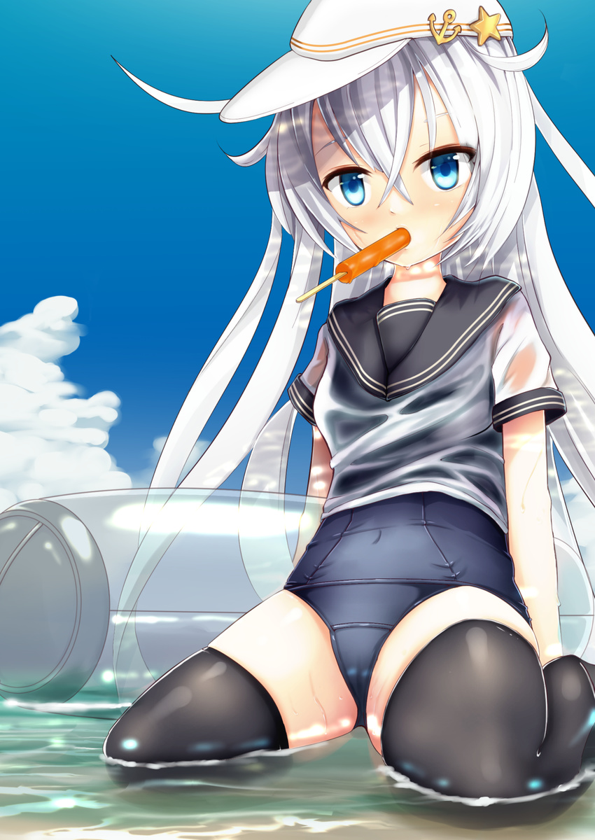 absurdres blue_eyes commentary_request ebi_(il14021) female food hat hibiki_(kancolle) highres kantai_collection long_hair no_pants one-piece_swimsuit popsicle school_swimsuit school_uniform serafuku shirt sitting solo swimsuit swimsuit_under_clothes verniy_(kancolle) wariza wet wet_clothes wet_shirt white_hair