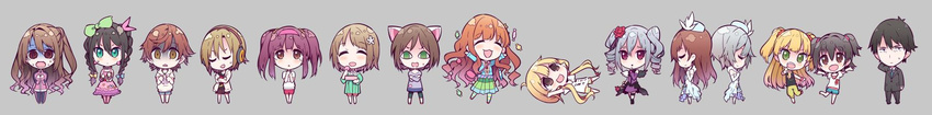 1boy 6+girls akagi_miria anastasia_(idolmaster) animal_ears black_hair blonde_hair braid brown_hair cat_ears chibi closed_eyes commentary_request dress formal full_body futaba_anzu green_eyes grey_hair hair_ornament haruse_hiroki headphones highres honda_mio hood hoodie idolmaster idolmaster_cinderella_girls jacket jougasaki_rika kanzaki_ranko long_hair looking_at_viewer maekawa_miku mimura_kanako moroboshi_kirari multiple_girls necktie nitta_minami ogata_chieri one_eye_closed open_mouth pikapikapop_(idolmaster) producer_(idolmaster) producer_(idolmaster_cinderella_girls_anime) pure_white_memories_(idolmaster) ribbon rosenburg_engel_(idolmaster) shibuya_rin shimamura_uzuki short_hair smile suit tada_riina track_jacket twin_braids twintails two_side_up white_dress wide_image