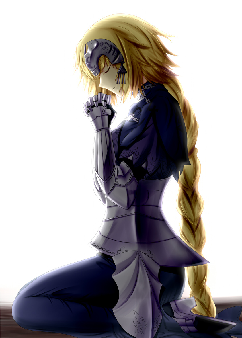 akashiro_sen armor blonde_hair braid closed_eyes commentary_request dress fate/apocrypha fate_(series) female gauntlets headpiece highres jeanne_d'arc_(fate) jeanne_d'arc_(ruler)_(fate) long_hair praying profile single_braid solo