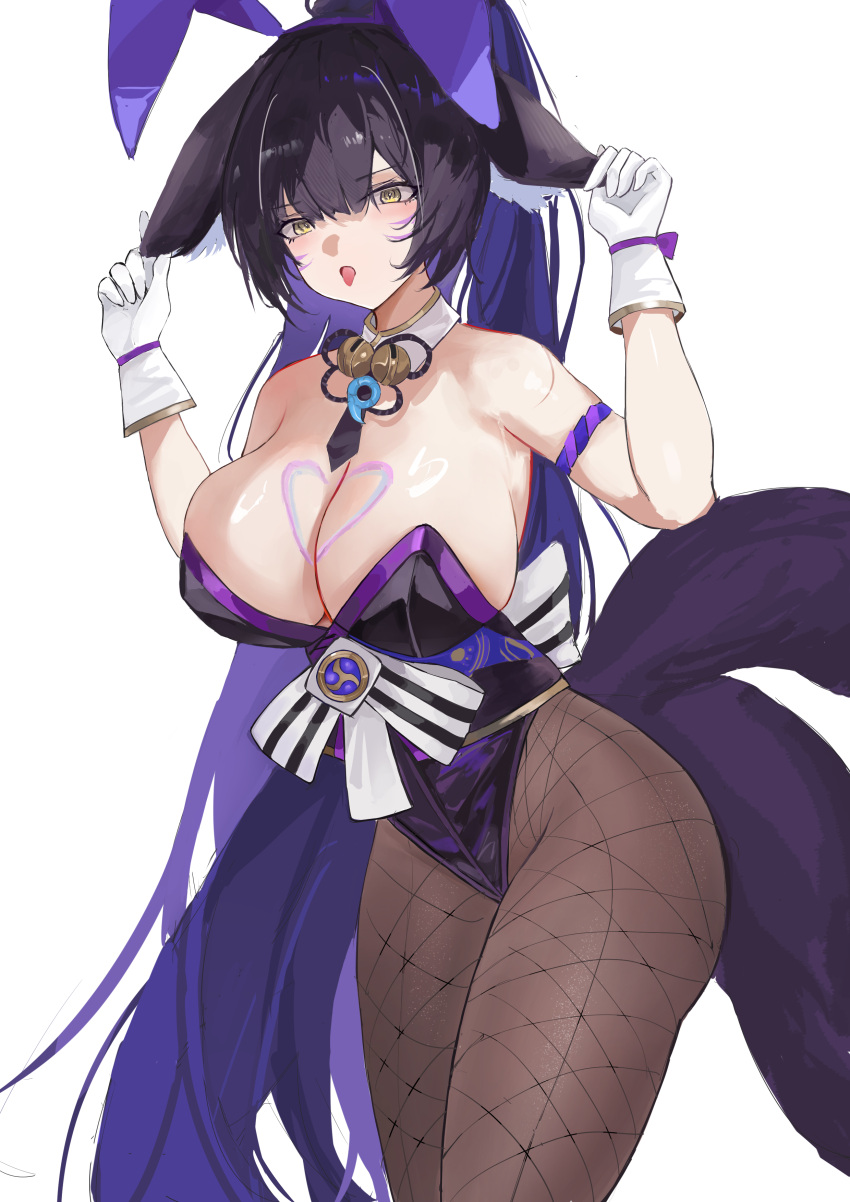 absurdres animal_ears azur_lane black_hair breasts facial_mark fake_animal_ears female fishnet_pantyhose fishnets floppy_ears fox_ears fox_girl gloves highres large_breasts leotard long_hair musashi_(azur_lane) musashi_(the_purple_rabbit's_marksmanship)_(azur_lane) official_alternate_costume pantyhose playboy_bunny purple_leotard rabbit_ears strapless strapless_leotard very_long_hair white_gloves yellow_eyes yuanqi_(chriu)