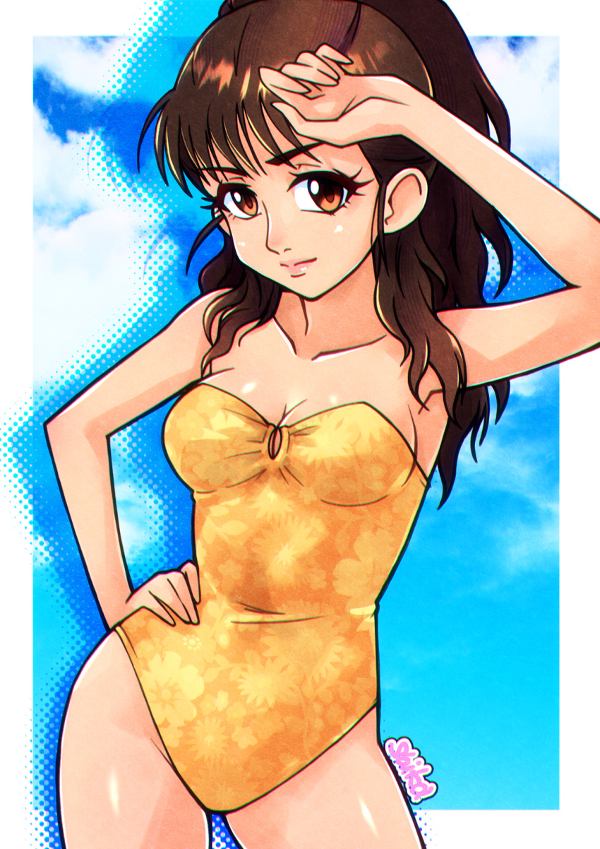 blue_sky breasts brown_eyes brown_hair casual_one-piece_swimsuit chouriki_sentai_ohranger cleavage cloud commission contrapposto cowboy_shot female hand_on_own_head hand_on_own_hip high_ponytail highres long_hair medium_breasts nijou_juri one-piece_swimsuit pixiv_commission saika_(pixiv43370196) sky solo strapless strapless_one-piece_swimsuit super_sentai swimsuit yellow_one-piece_swimsuit