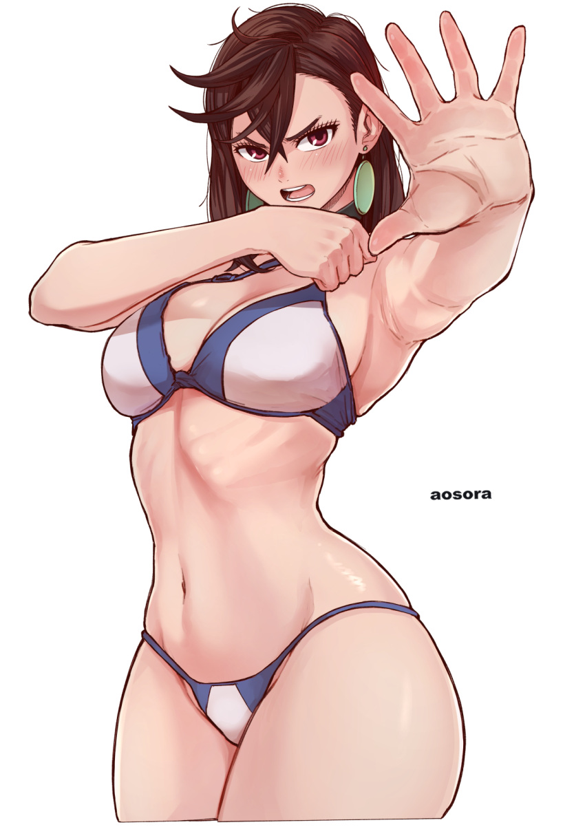 aosora2823 armpits artist_name ayase_momo blue_bra blue_panties bra breasts brown_eyes brown_hair dandadan earrings female highres jewelry large_breasts looking_at_viewer multicolored_bra multicolored_clothes multicolored_panties navel outstretched_arm panties short_hair simple_background underwear white_background white_bra white_panties