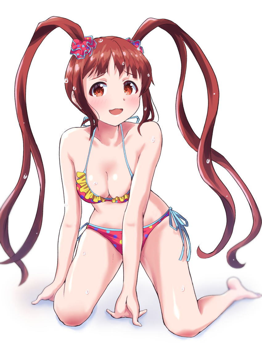 absurdres bare_arms bare_shoulders barefoot bikini blush breasts brown_eyes brown_hair cleavage collarbone dot_nose female hair_ornament hair_scrunchie hands_on_ground highres idolmaster idolmaster_million_live! idolmaster_million_live!_theater_days kneeling long_hair looking_at_viewer matsuda_arisa medium_breasts nayan70 open_mouth pink_bikini polka_dot polka_dot_bikini scrunchie shy side-tie_bikini_bottom sidelocks simple_background solo swimsuit twintails very_long_hair water_drop wavy_mouth wet wet_hair white_background