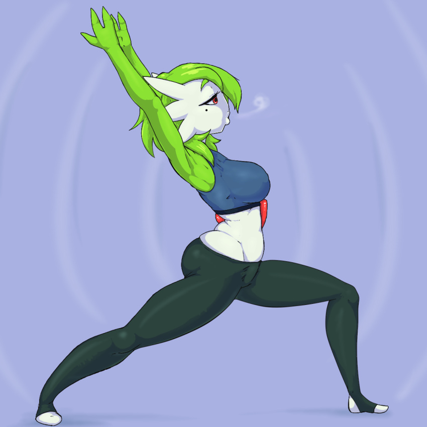 1:1 2018 ass athletic_wear big_breasts blue_background bottomwear bra breasts breath clothing crop_top exercise eyelashes fan_character feet female flexible full-length_portrait gardevoir generation_3_pokemon green_hair hair hi_res humanoid lips midriff mole_under_eye mother_(lore) nintendo nipple_outline oogzie pants parent_(lore) pokemon pokemon_(species) portrait raised_arms red_eyes rosemarie_(noriega) shirt side_view simple_background solo sports_bra stretching thick_thighs tight_clothing topwear underwear vīrabhadrāsana white_body white_skin yoga yoga_pants