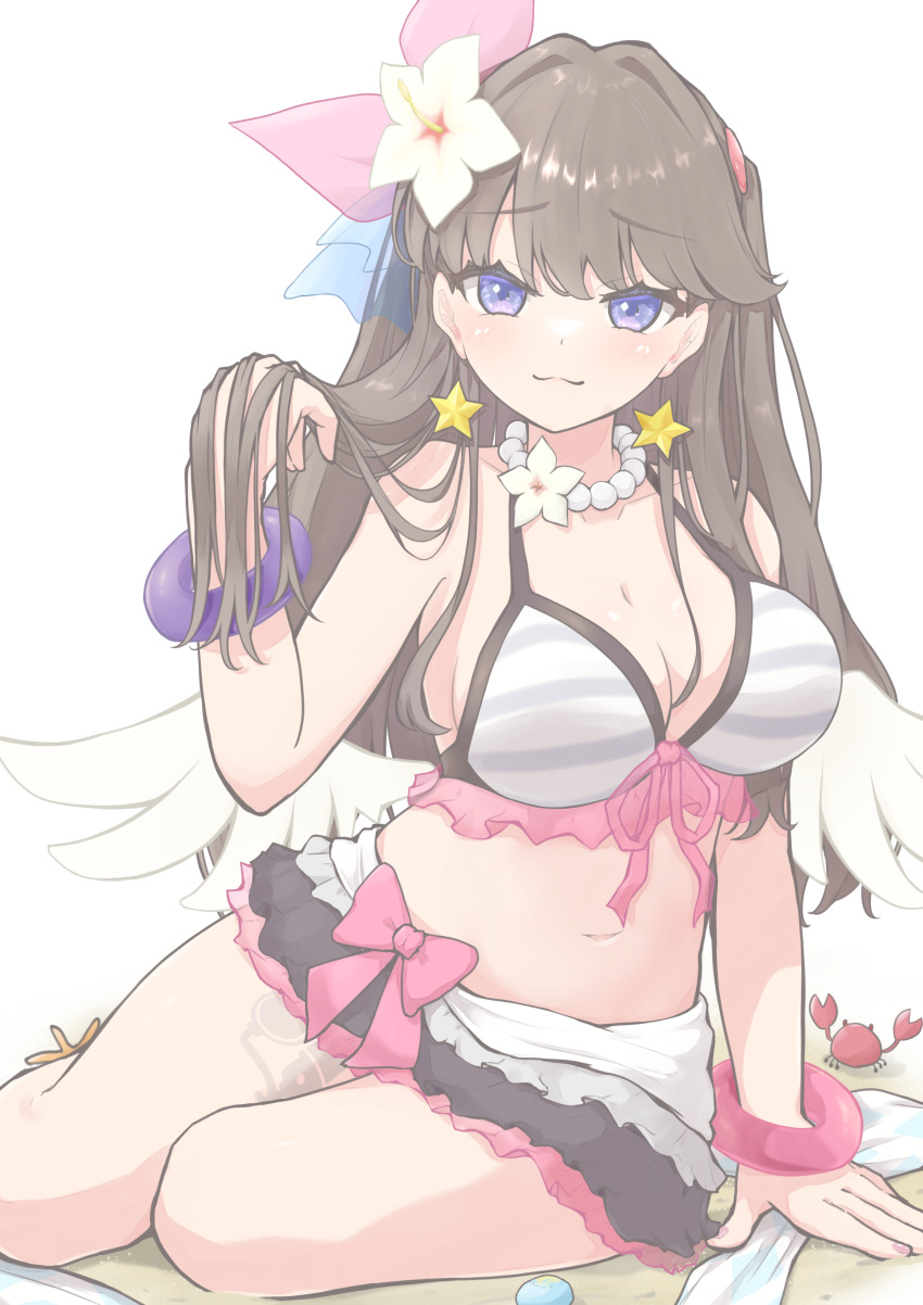 :3 absurdres bead_necklace beads bikini bikini_skirt blush bracelet breasts brown_hair cleavage closed_mouth collarbone commentary cosplay crab earrings female flower flower_necklace fujishima_megumi full_body hair_flower hair_flowing_over hair_ornament hand_in_own_hair highres himenagi_yuuki jewelry large_breasts link!_like!_love_live! long_hair looking_at_viewer love_live! love_live!_school_idol_project natsuiro_egao_de_1_2_jump! navel necklace official_alternate_costume purple_eyes simple_background sitting smile solo split_mouth star_(symbol) star_earrings swimsuit two_side_up white_background white_bikini white_flower yazawa_nico yazawa_nico_(cosplay) yokozuwari