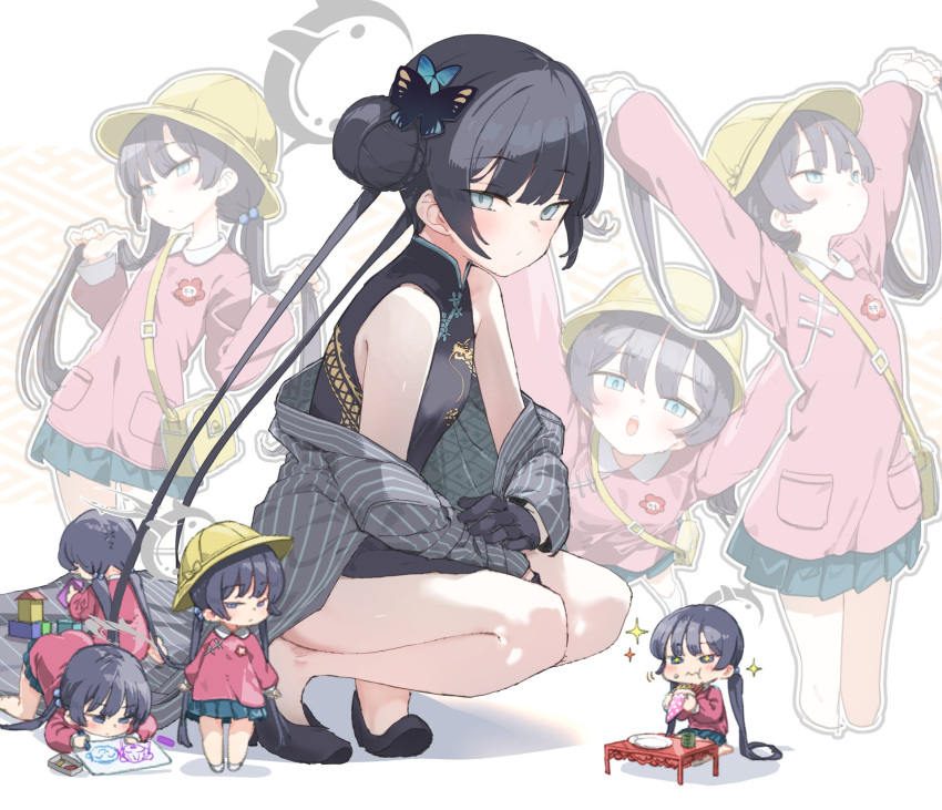 +_+ arms_up bag bare_legs blue_archive braid braided_bun breasts butterfly_hair_ornament chinese_clothes double_bun dragon_print eating female flower_pin grey_eyes grey_halo hair_bun hair_ornament halo hat highres holding holding_own_hair hoshi_umi kindergarten_bag kindergarten_uniform kisaki_(blue_archive) kisaki_(kindergarten_uniform)_(blue_archive) long_hair looking_at_viewer name_tag out_of_character pink_shirt school_hat shirt small_breasts yellow_bag yellow_hat